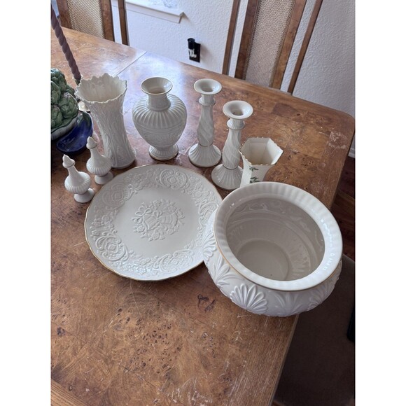 9pc Lenox® Porcelain China Dinnerware w/Gold Logo & Trim: Bowl Plate Vases - Picture 1 of 11